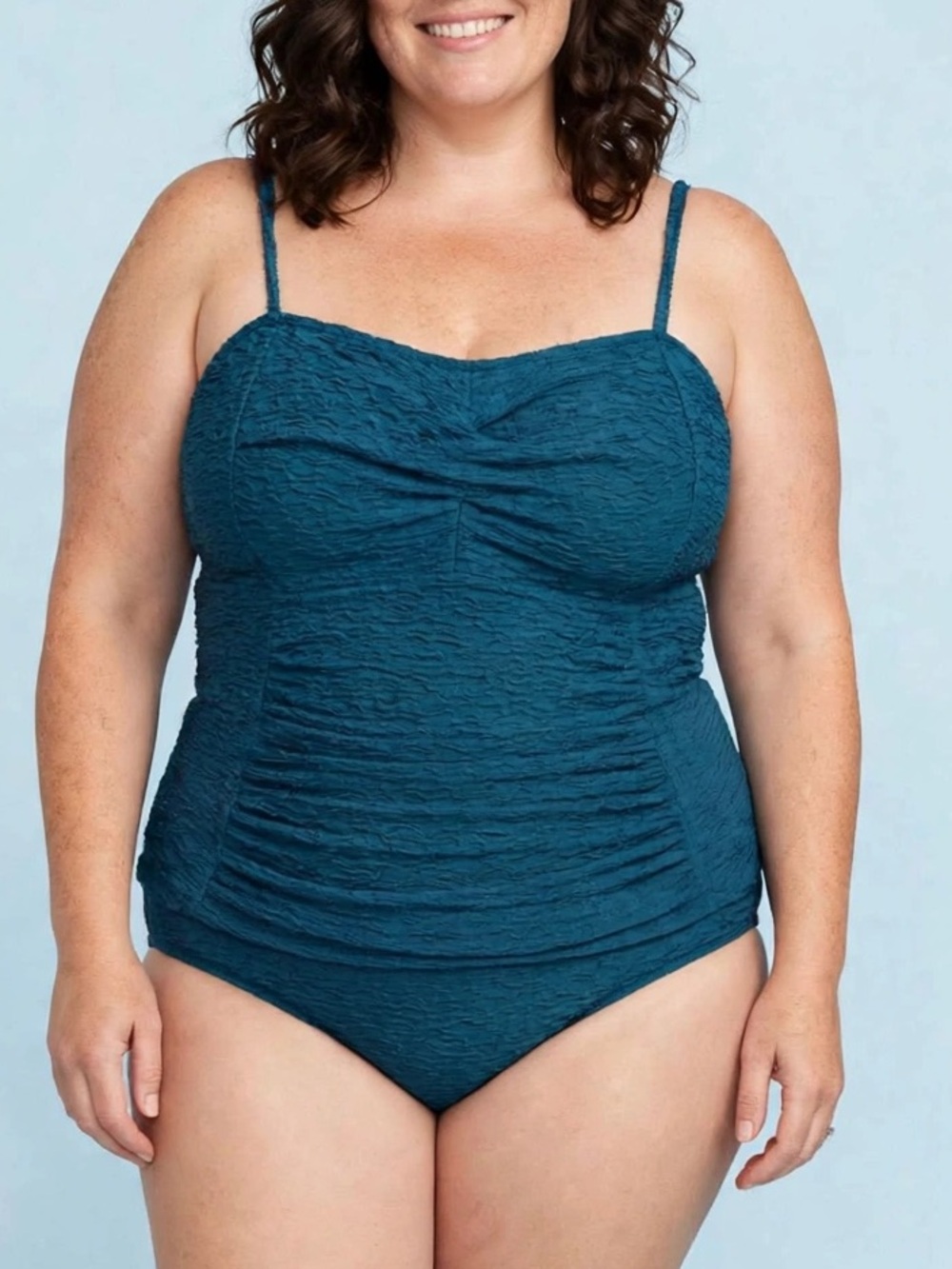 Textured Deep Teal One-Piece Swimsuit with Supportive Ruched Front SIZE LARGE